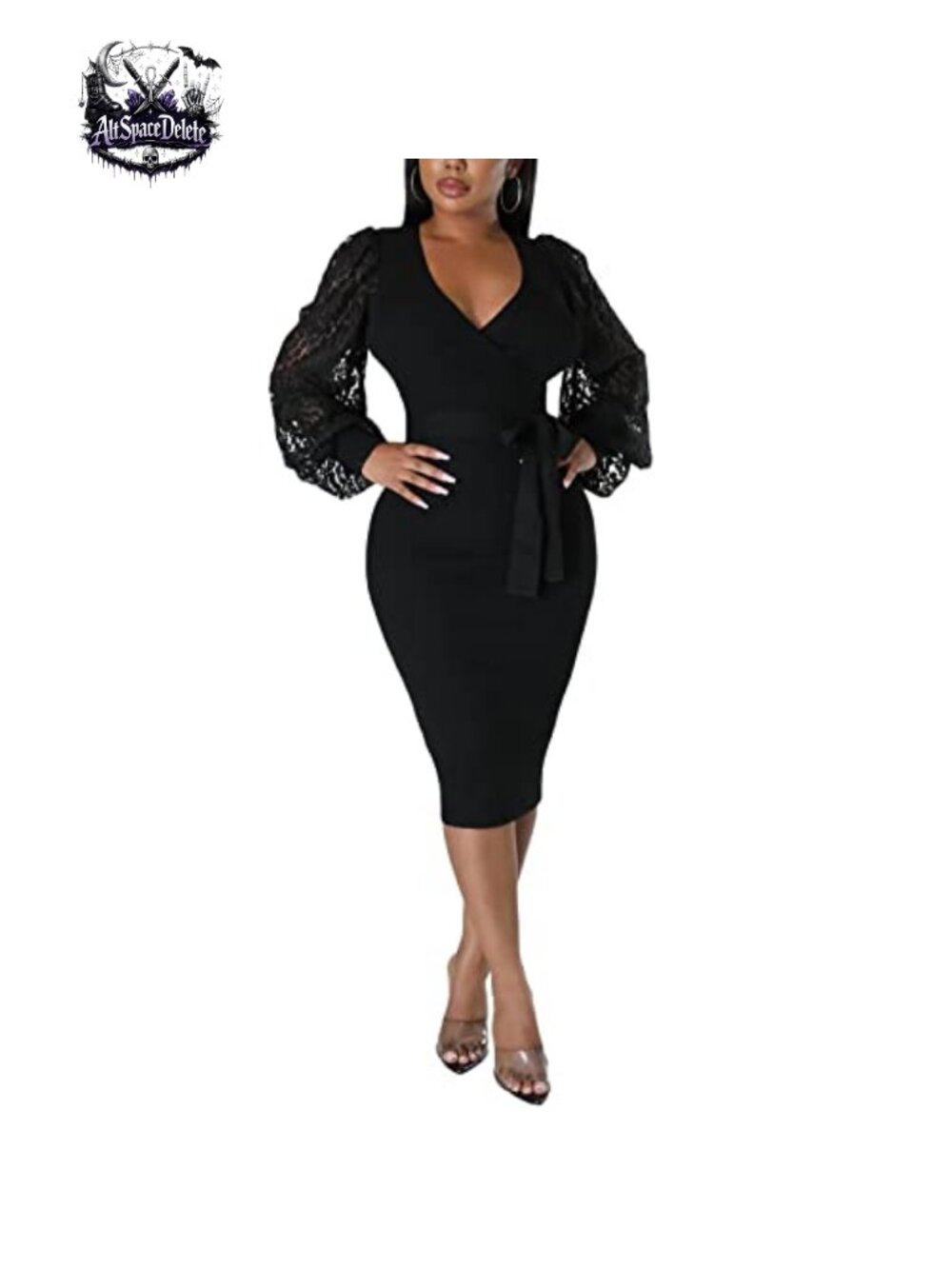 Bishop Sleeve V-Neck Bodycon Midi Dress Semi Formal Church Work